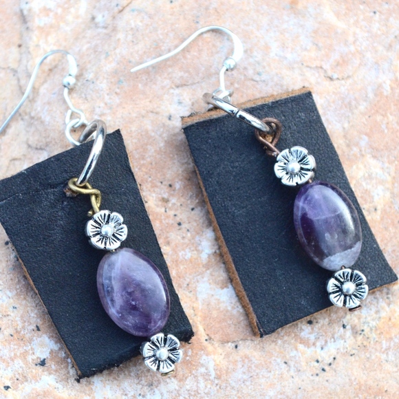 Conceptual Subculture Jewelry - Purple Amethyst Floral Leather Dangle Earrings